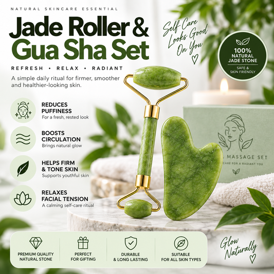 Jade Roller & Gua Sha Facial Massage Set – Cooling & Depuffing Skincare Tool