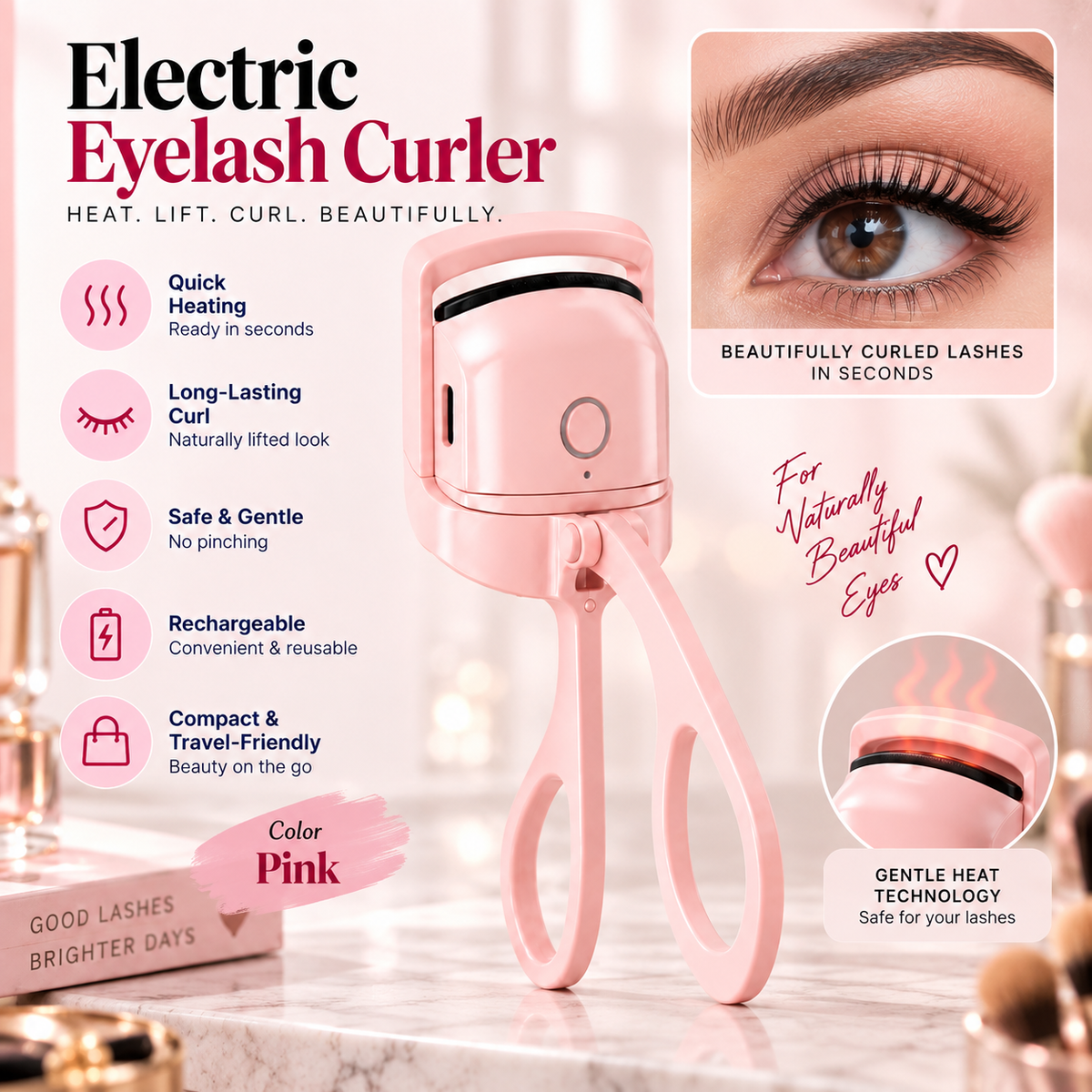 Electric Heated Eyelash Curler – Rechargeable Quick Curl Tool