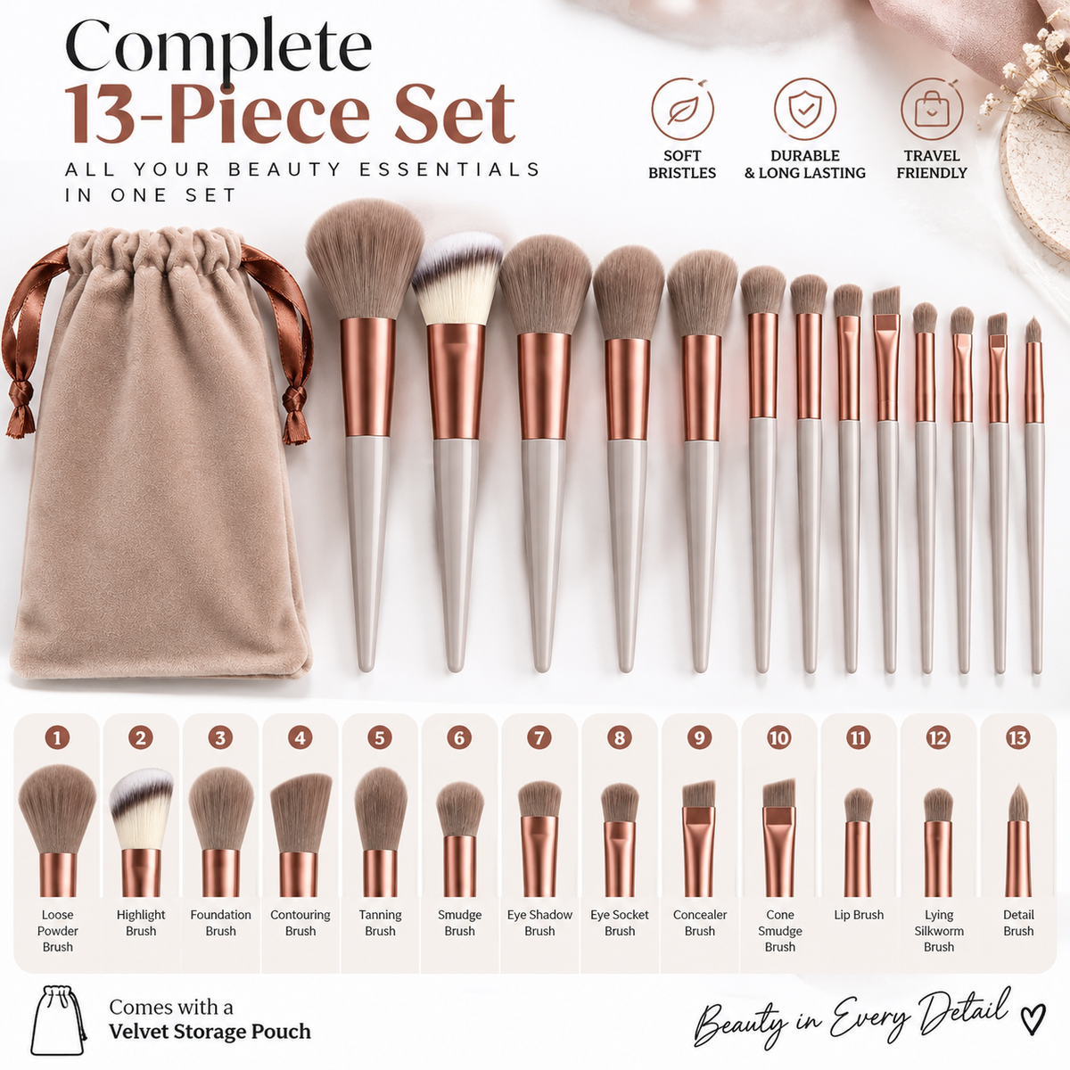 13-Piece Professional Makeup Brush Set with Velvet Pouch
