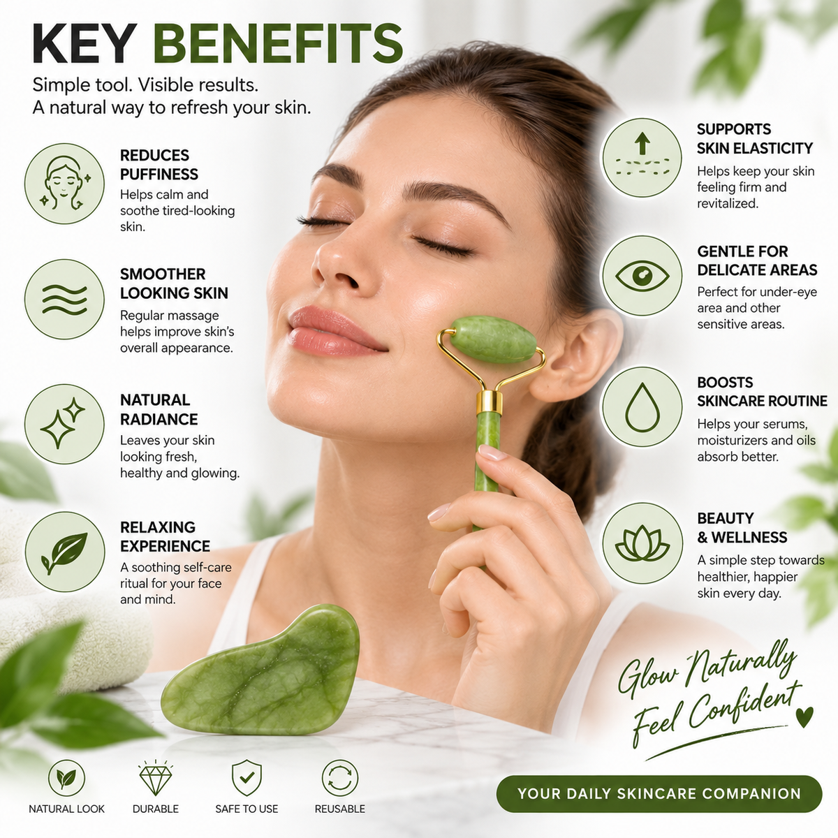 Jade Roller & Gua Sha Facial Massage Set – Cooling & Depuffing Skincare Tool