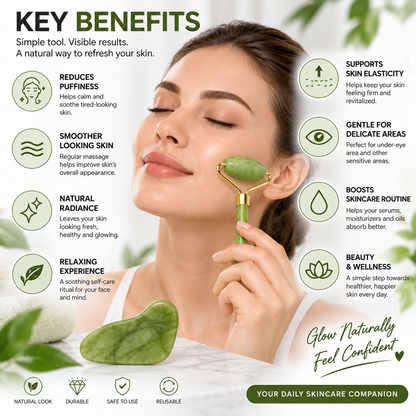Jade Roller & Gua Sha Facial Massage Set – Cooling & Depuffing Skincare Tool