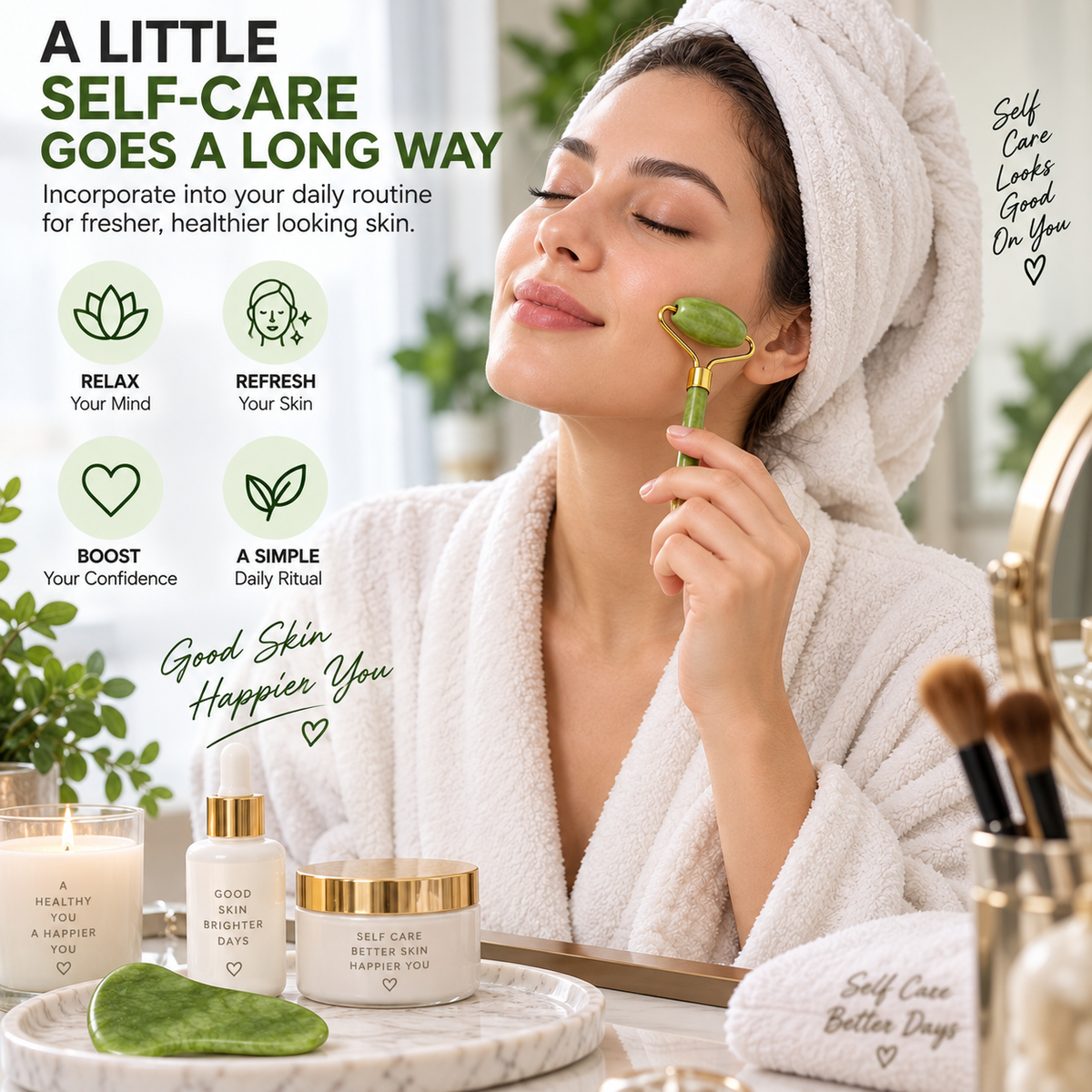 Jade Roller & Gua Sha Facial Massage Set – Cooling & Depuffing Skincare Tool