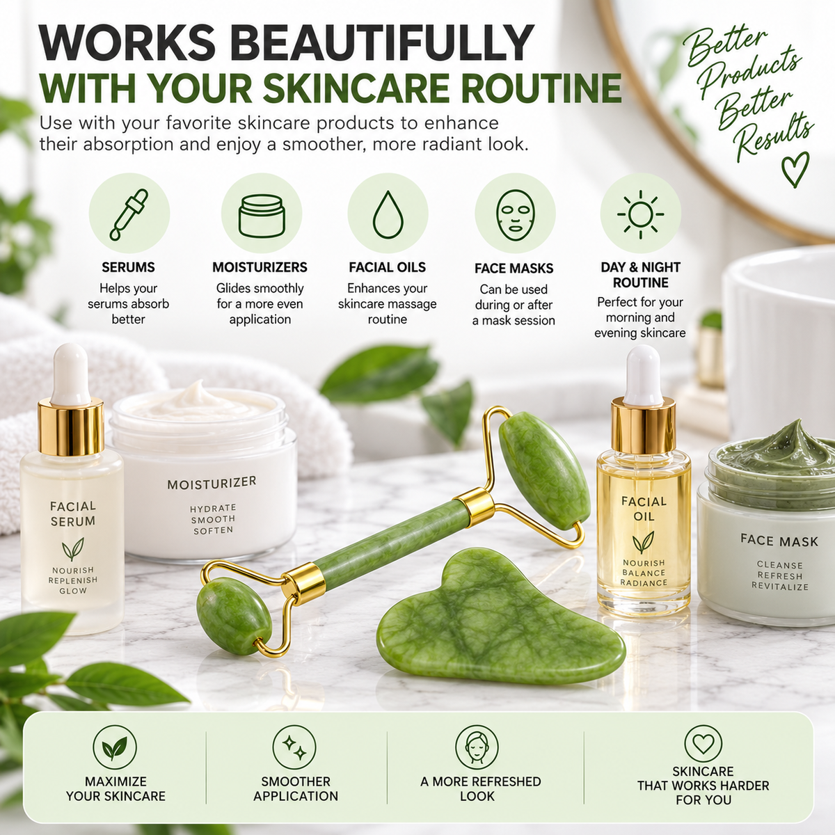 Jade Roller & Gua Sha Facial Massage Set – Cooling & Depuffing Skincare Tool