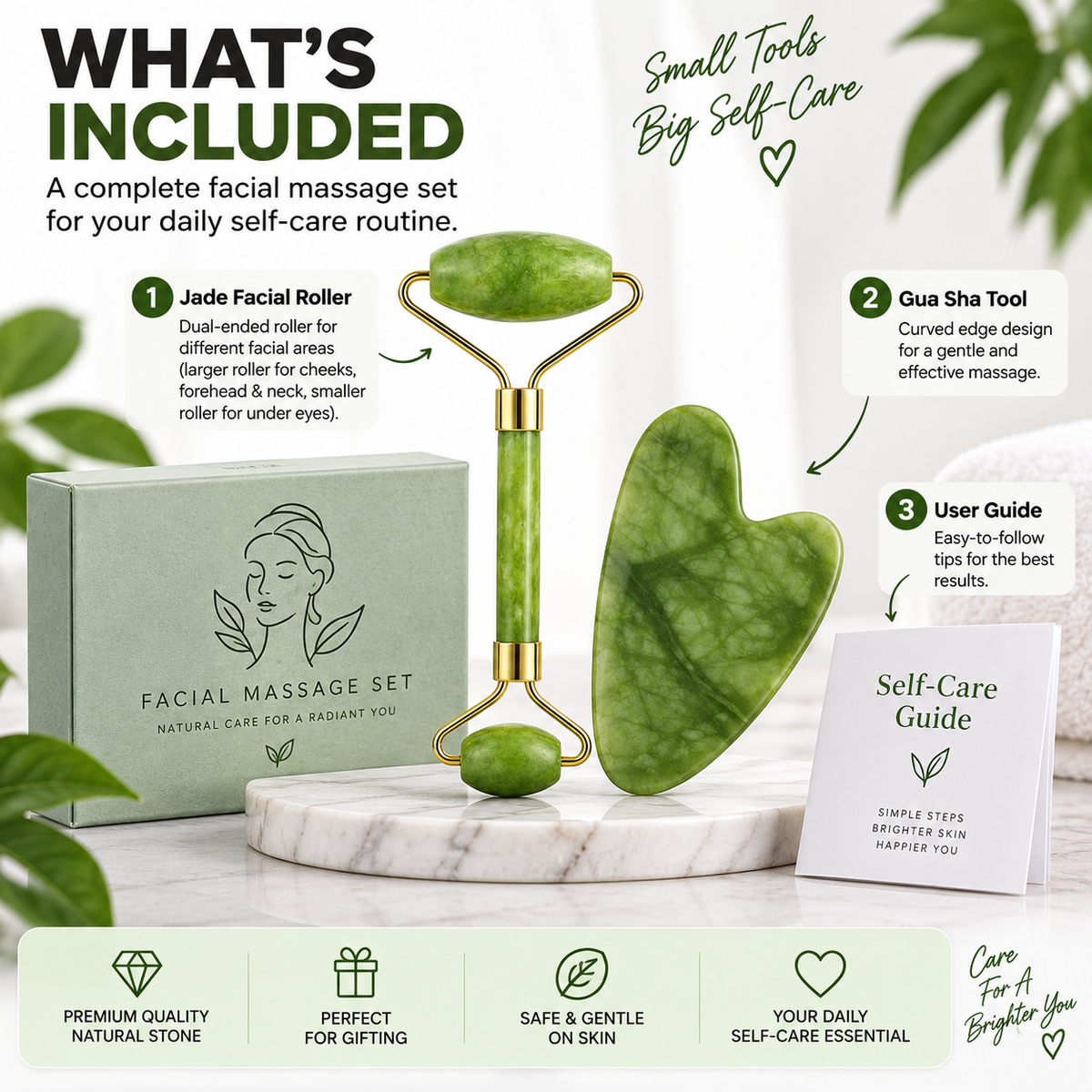 Jade Roller & Gua Sha Facial Massage Set – Cooling & Depuffing Skincare Tool