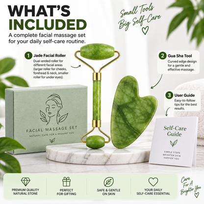 Jade Roller & Gua Sha Facial Massage Set – Cooling & Depuffing Skincare Tool