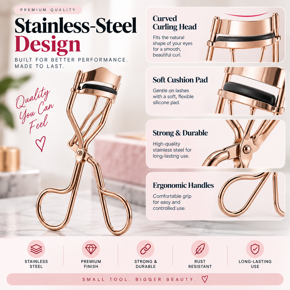 Stainless Steel Eyelash Curler – Soft Cushion Pad for Natural-Looking Lift