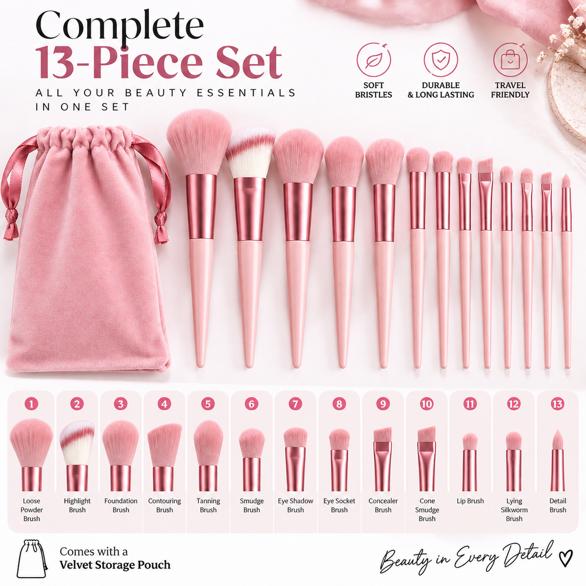 13-Piece Professional Makeup Brush Set with Velvet Pouch