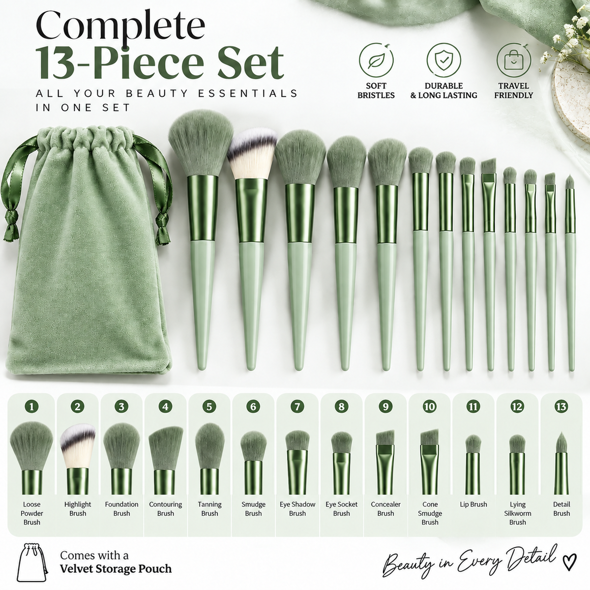 13-Piece Professional Makeup Brush Set with Velvet Pouch