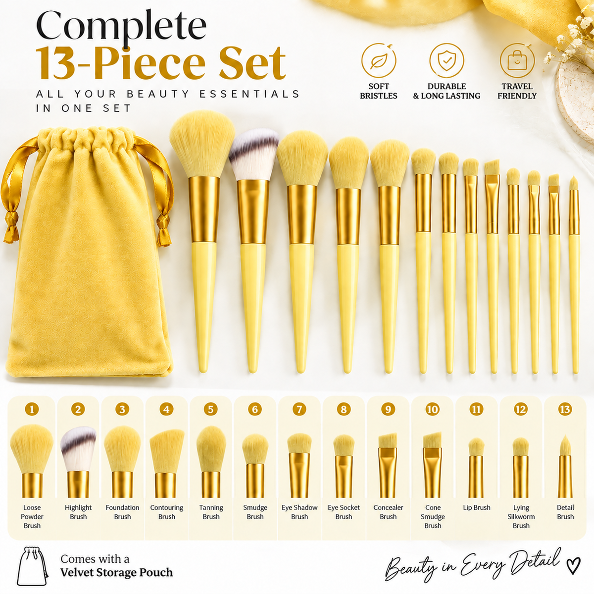 13-Piece Professional Makeup Brush Set with Velvet Pouch
